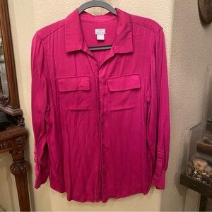 CHICO’S Women Pink Fuchsia 100% Modal Button Long Sleeve Top Size 2 (12/14)